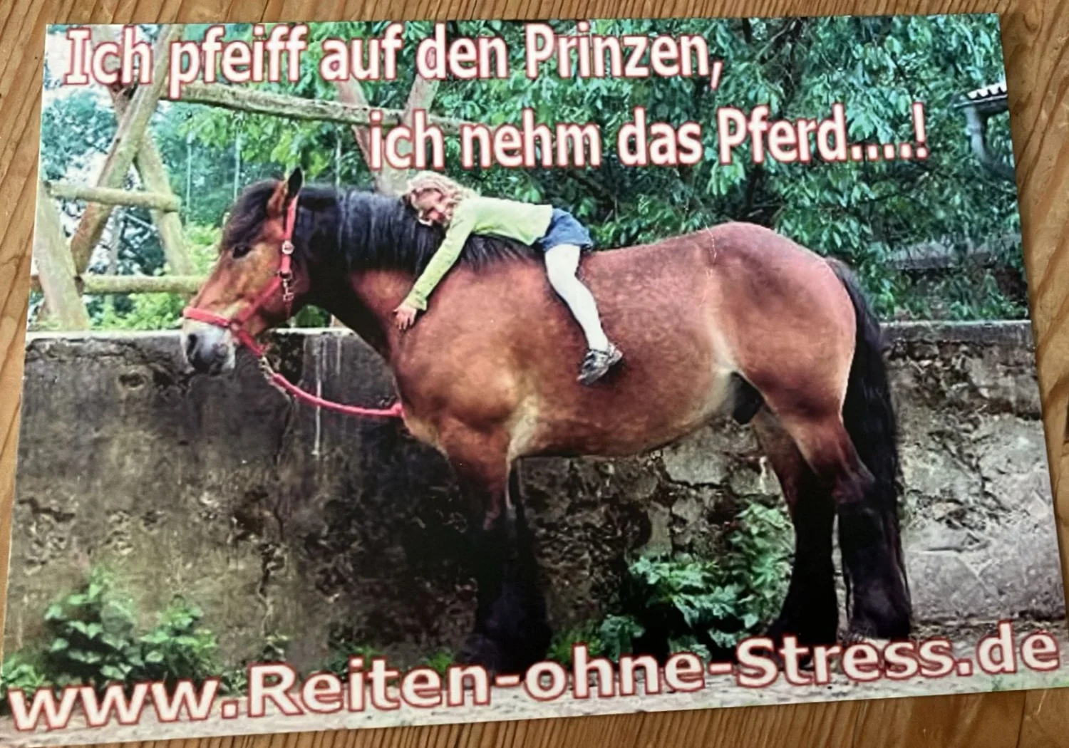 Reitne Ohne Stress, Poster eines Mädchens, das auf dem Rücken eines Pferdes sitzt