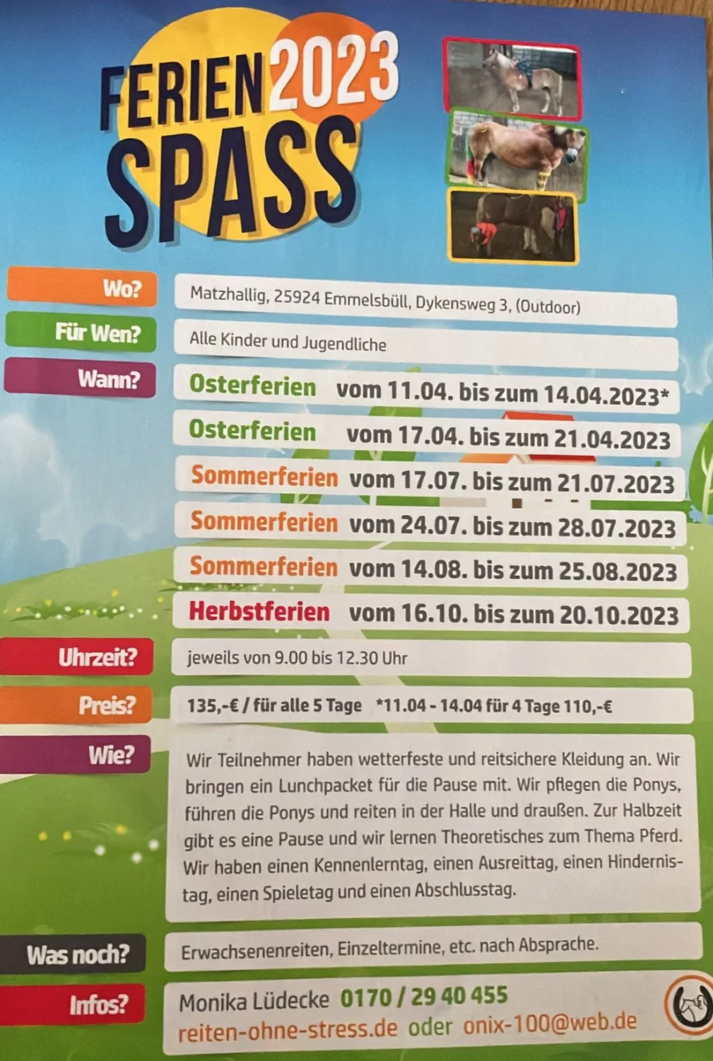 Reitne Ohne Stress, Ferien 2023 spass flyer